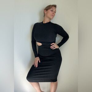 Zara Dress Black Long Sleeve Cut Out Midi Bodycon Medium